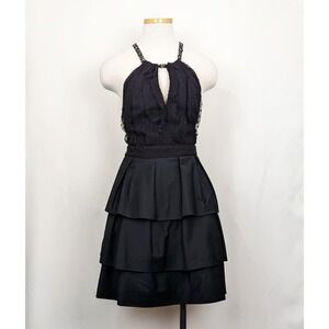 BCBGMaxazria Dress Black Jeweled Keyhold Halter Tiered Ruffle Misses Size 4